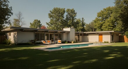 Fototapeta premium Stunning Mid Century Modern Ranch Home with Pool