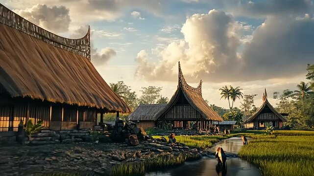 Traditional longhouses nestled in a lush tropical riverside setting at sunset.