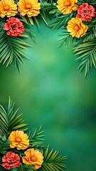Marigold flowers yellow tropical concept. A vibrant floral border featuring yellow and red flowers along with lush green leaves, set against a soft, green background.