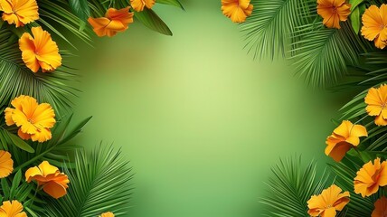 Obraz premium Marigold flowers yellow tropical concept. A vibrant floral frame featuring yellow hibiscus flowers and lush green leaves on a soft gradient background.