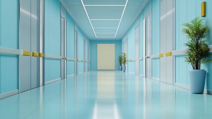 Fototapeta premium 3D Rendering of a Modern Office Corridor Interior with a Blank Wall for Custom Artwork or Signage