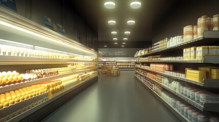 Obraz premium Brightly lit dairy section with neatly stacked rows of eggs and butter.