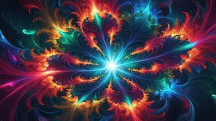 A radiant explosion of artistic paint splashes in kaleidoscopic colors, including ruby red, sapphire blue, and emerald green. The backdrop is a fractal-inspired swirling pattern with a futuristic neon