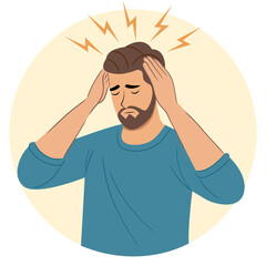 Man have a headache. The art style is flat vector