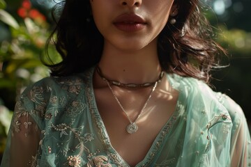 Young woman in ornate attire amidst lush greenery. Neural network AI generated