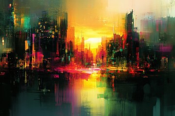 Vivid sunset over a futuristic city skyline with colorful reflections on the water and skyscrapers in the distance