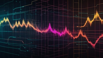  A sleek audio frequency waveform design with vibrant line waves and a podcast icon, representing sound and signal