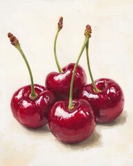 Juicy red cherries with glossy skin and stems fresh produce studio setting detailed macro view for food lovers