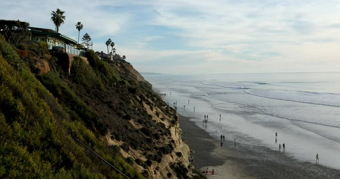 Waves crash along Moonlight beach in Encinitas, California, USA.