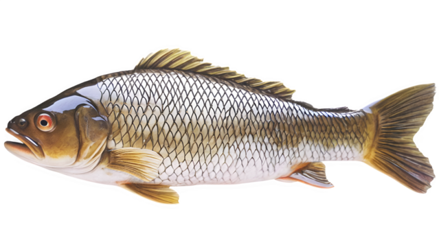 Side view of a common carp fish swimming gracefully. Detailed scales and fins in sharp focus.