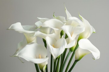 Beautiful calla lily flowers in vase on light grey concrete background. High definition photo