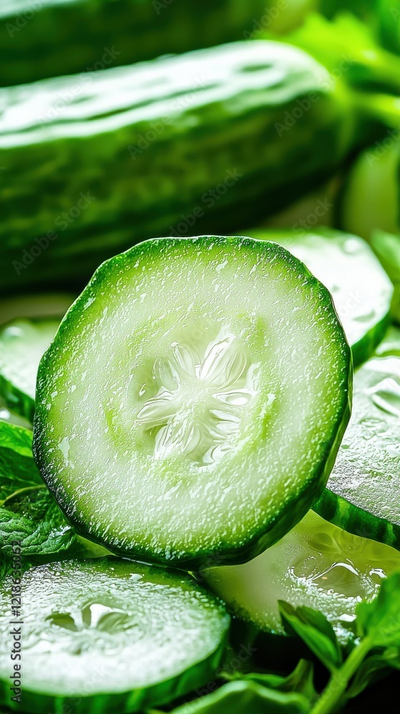 Poster refreshing cucumber slice macro shot nature food crisp environment close-up viewpoint hydrating conc