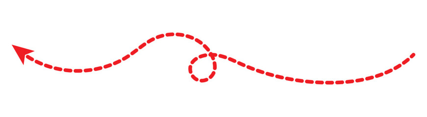 long dotted arrow icon vector illustration. Set of long Red dashed arrows on white background. Dashed lines. Direction, way or pointer. Red hand drawn wavy curve dotted arrow icon vector.