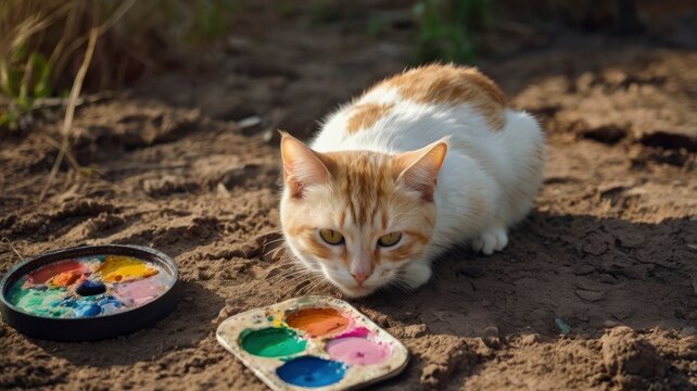 Hand drawn  Art painting Oil color  Cute Cat ,and Palette , paintbrush  on Cracks  in the soil , meaow , Meaowing 