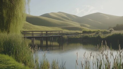 Idyllic lake with a wooden pier and lush green hills in the background.
