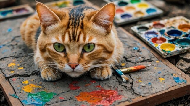 Hand drawn  Art painting Oil color  Cute Cat ,and Palette , paintbrush  on Cracks  in the soil , meaow , Meaowing 