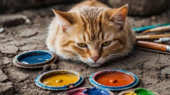 Hand drawn  Art painting Oil color  Cute Cat ,and Palette , paintbrush  on Cracks  in the soil , meaow , Meaowing 