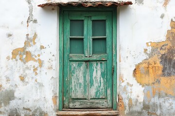 Weathered green door with rustic charm on a worn wall in a quaint village setting