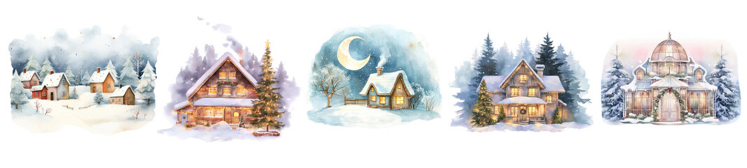 Naklejka premium PNG Charming snowy winter cabins, element set on transparent background