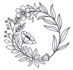 Hand-drawn sketch of wreath with flowers and leaves on it. delicate botanical element, wedding decoration, flower border, flower drawing, rat drawing, border drawing Transparent 