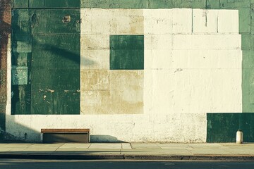 Urban wall with green and white patches creates an interesting backdrop for the street in late afternoon light