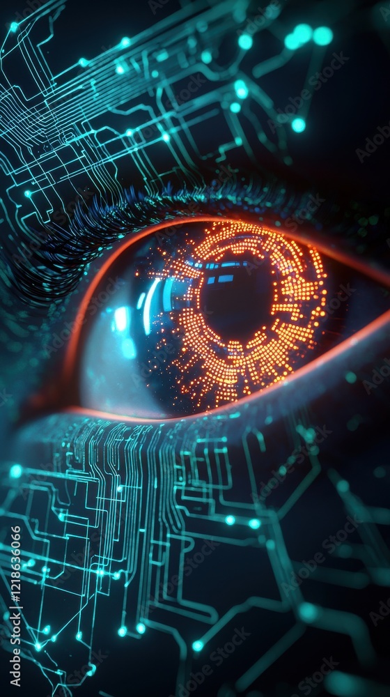 Poster macro detail of artificial retina model with glowing circuits medical vibe futuristic design -tech e