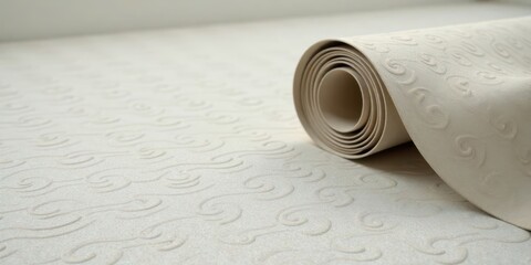 A Rolled-Up Beige Carpet with an Intricate Swirl Pattern, Ready for Installation