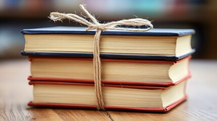 Large stack of books tied together with twine, sitting on a hardwood floor.