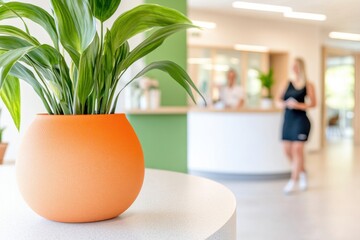 Patient enters cozy clinic with bright decor and welcoming receptionist in a tranquil setting