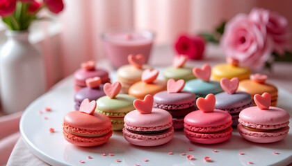 Valentine's Day macaron display with heart-shaped decorations and cozy romantic decor