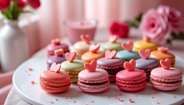 Valentine's Day macaron display with heart-shaped decorations and cozy romantic decor