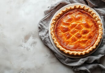 Golden Brown Pie with Flaky Crust Displayed on Rustic Gray Linen Cloth, Perfect for Celebrations, Gatherings, or Cozy Home Baking Moments, Evoking Warmth and Comfort