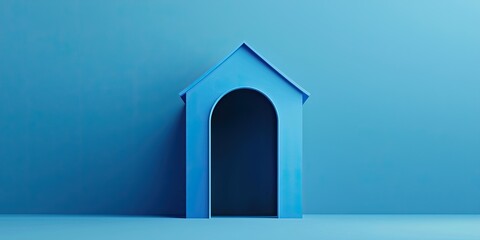 A minimalist blue house structure with an arched entrance, set against a matching blue backdrop.