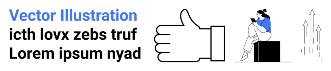 Large thumb up icon, woman reading on a black box, and upward-pointing arrows. Ideal for approval, positive feedback, growth, focus, learning motivation success concepts. Landing page