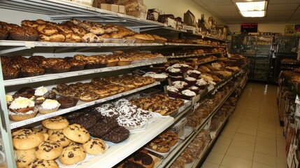 Neatly arranged aisle of baked goods with muffins, pastries, and cookies.