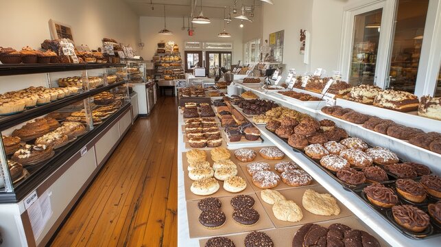 Neatly arranged aisle of baked goods with muffins, pastries, and cookies.