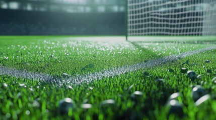 Soccer field goal, sunlit grass, stadium background, sports imagery