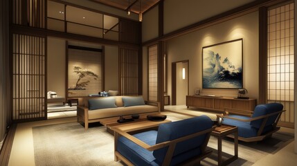 Fototapeta premium A Serene, Minimalist Japanese-Style Living Room, Bathed In Warm, Ambient Light. Wooden Furniture And Shoji Screens Create A Tranquil Atmosphere.