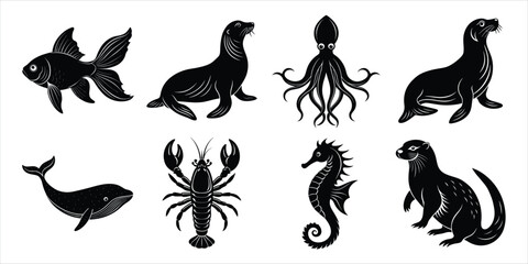 Ocean, Sea animals silhouette set. Aquatic animals life vector illustration design