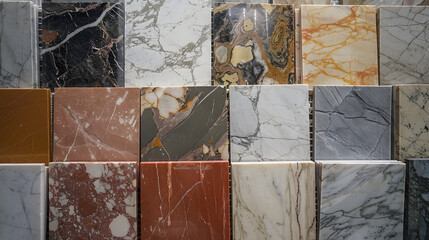 A wide array of marble tiles in various colors and patterns, generative ai