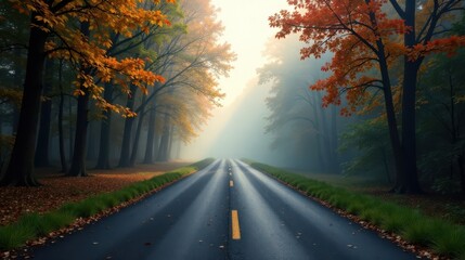 Obraz premium Autumnal Road Through Misty Woodland A Serene Drive in the Fall Season
