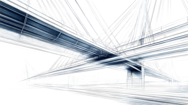Bridge architecture in blueprint sketch style, modern construction details, precise and technical, professional drawing - Powered by Adobe