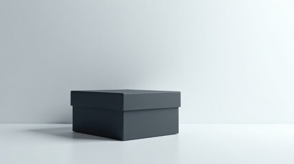 A simple dark gray box sits on a minimalist white surface against a clean backdrop