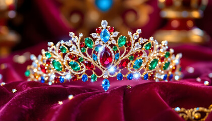 Naklejka premium A radiant ruby-studded tiara surrounded by shimmering gemstones, set against a deep crimson background with golden accents