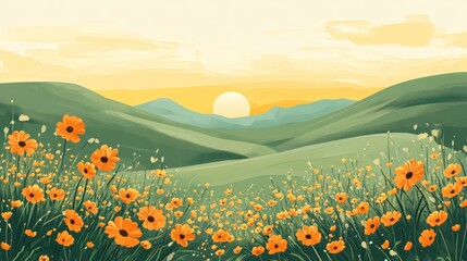 Fototapeta premium Sunrise over rolling hills with fields of yellow flowers in a scenic landscape