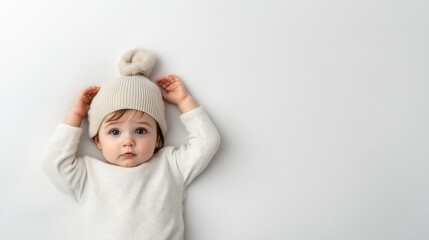 Adorable baby wearing a beige beanie lies on a white background.