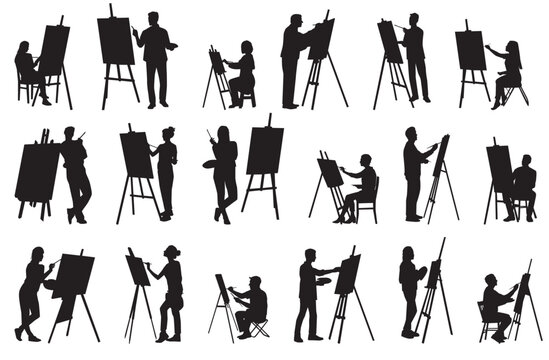 Set of drawing artist silhouette vector illustration