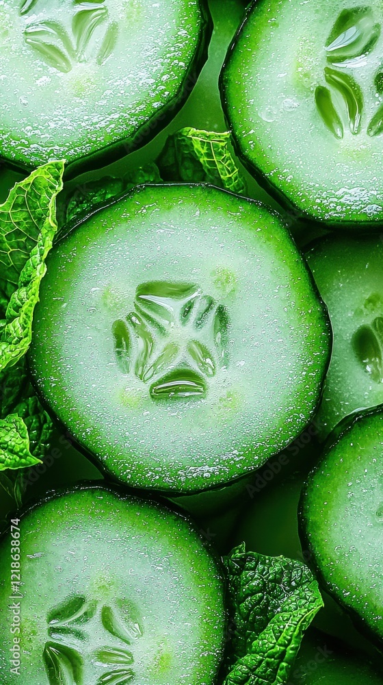 Poster fresh cucumber slices macro shot green background food hydrating mood close-up view