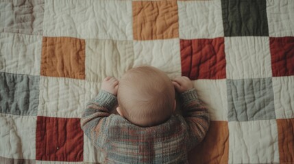 Baby lying on colorful patchwork quilt.