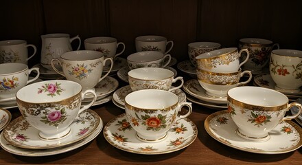 Fototapeta premium Vintage Floral Teacups Gold Trim Set Antique China Collection